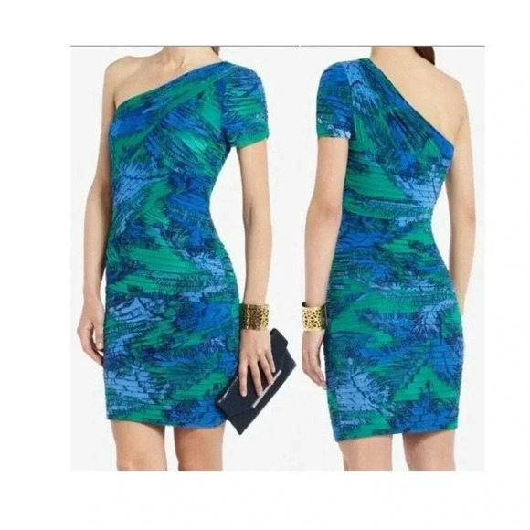 BCBG MaxAzria - ‘Mia’ Emerald com one shoulder stretchy ruched dress - XSmall - Picture 3 of 11